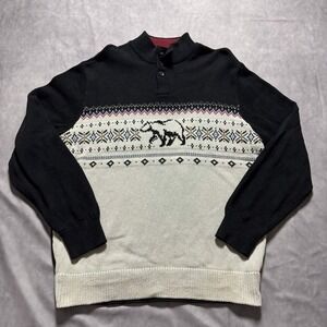 Chaps Mens 2XB Polar Bear Fair Isle Quarter Button Mock Neck Sweater Black Cream